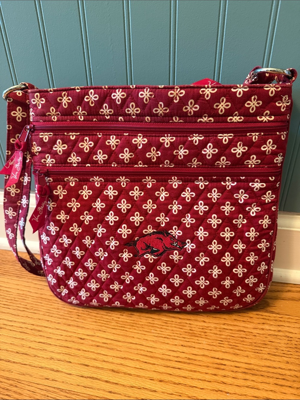 Vera Bradley Burgundy Quilted Crossbody with White Floral Pattern Razorback